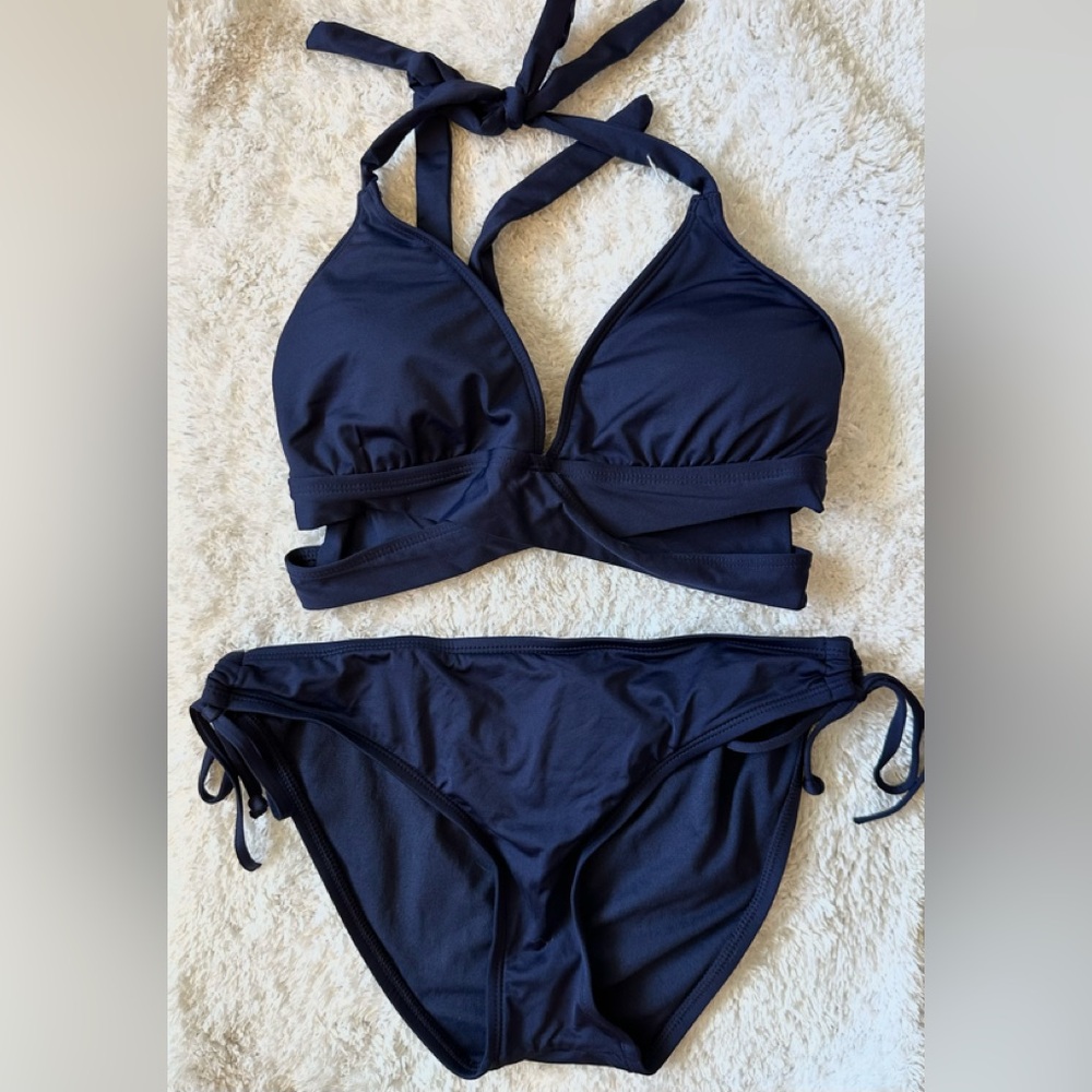 Kona Sol Blue Bikini Set Halter Style Adjustable Fit